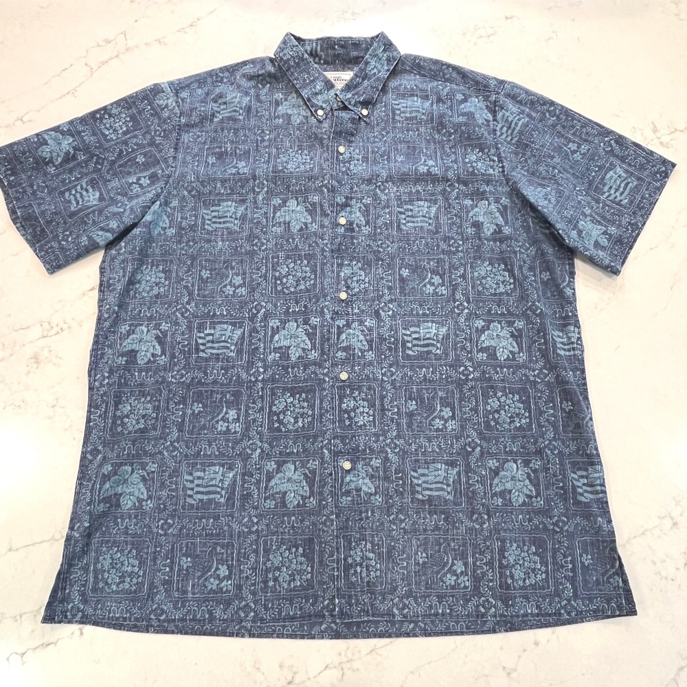 Reyn Spooner VTG Hawaiian Shirt USA 3XL‎ Blue Cotton Poly Reverse Print Floral